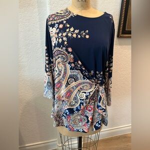 Chico's Navy and Cream Paisley Blouse with side tie